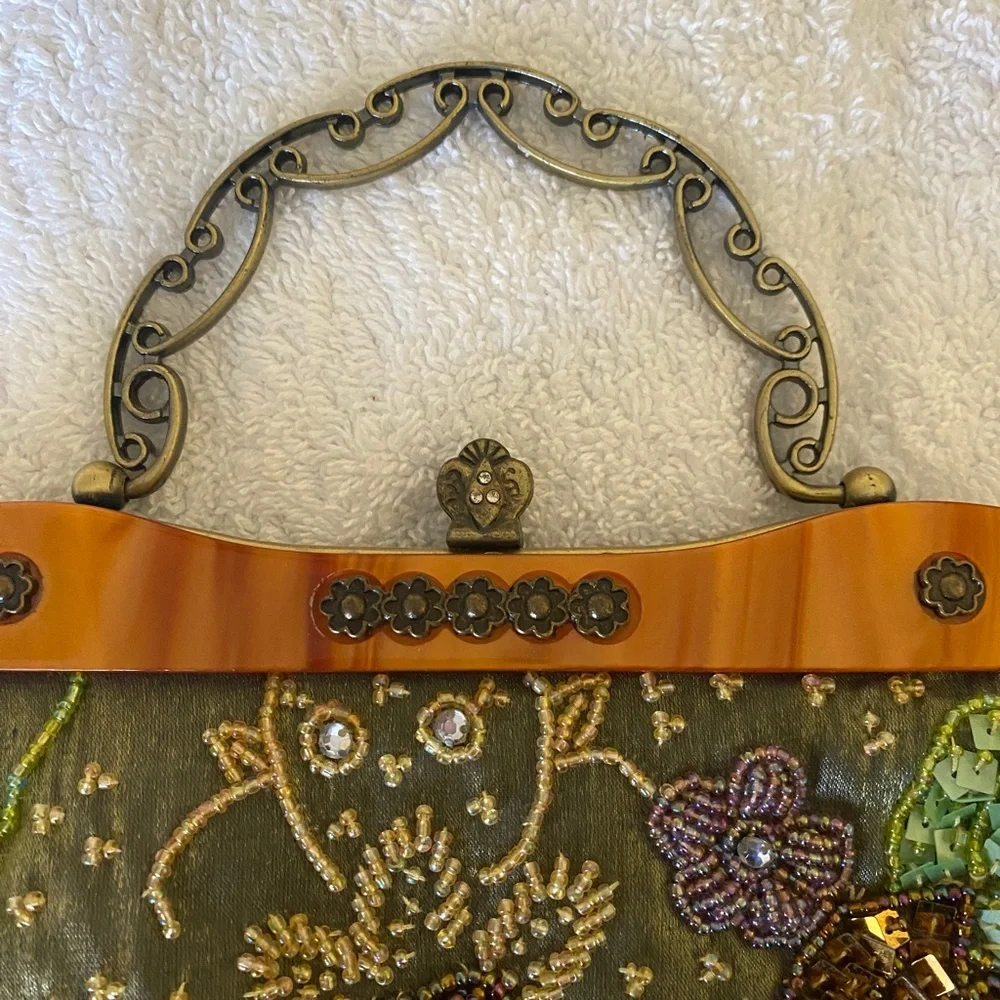 Lime Green Satin‎ Beaded Purse Beautiful, Handle or Crossbody Straps